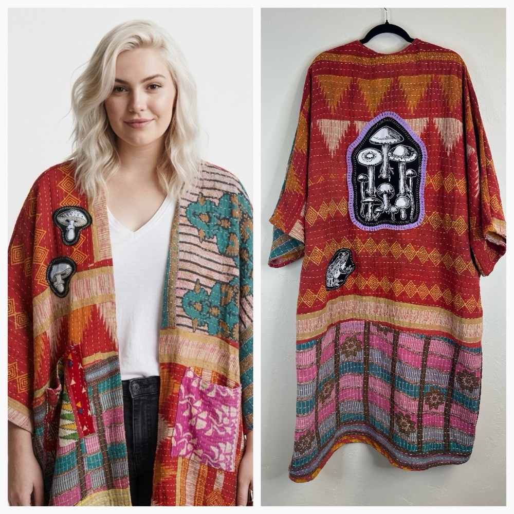 Mushroom Mystical Whimsical Witchy Open Front Kantha Robe Kimono One Size Magic